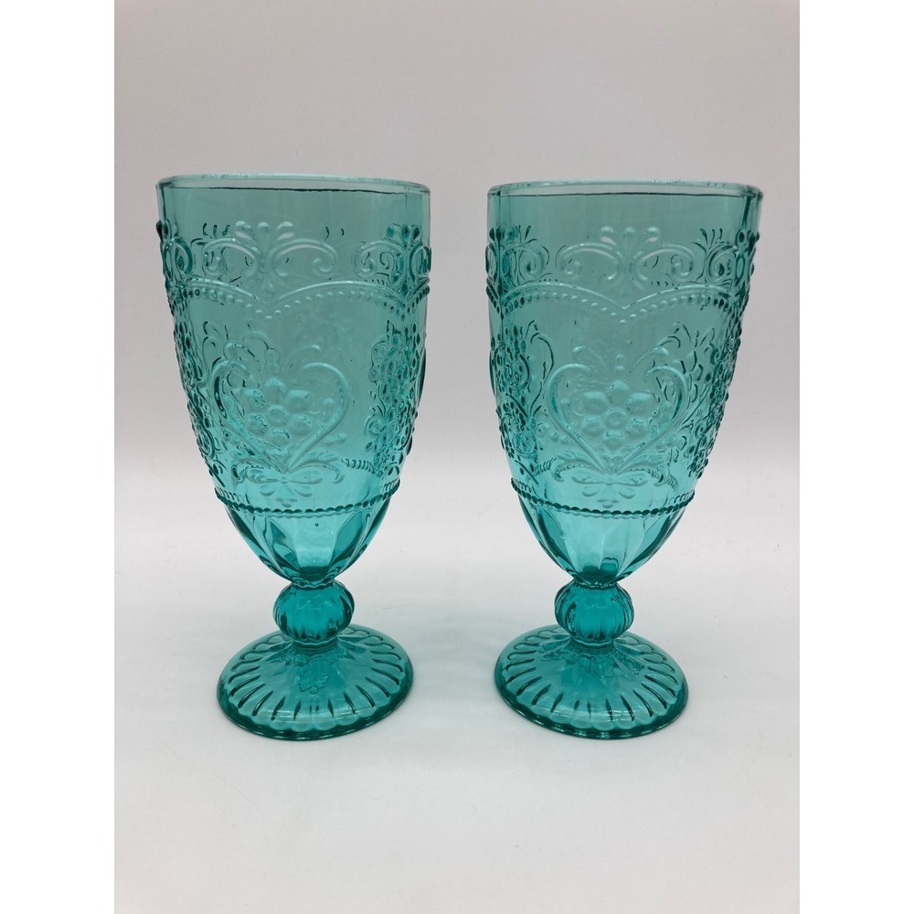 Pioneer Woman Amelia Teal Glass Goblets Embossed Heart Floral Water Tea Set of 2
